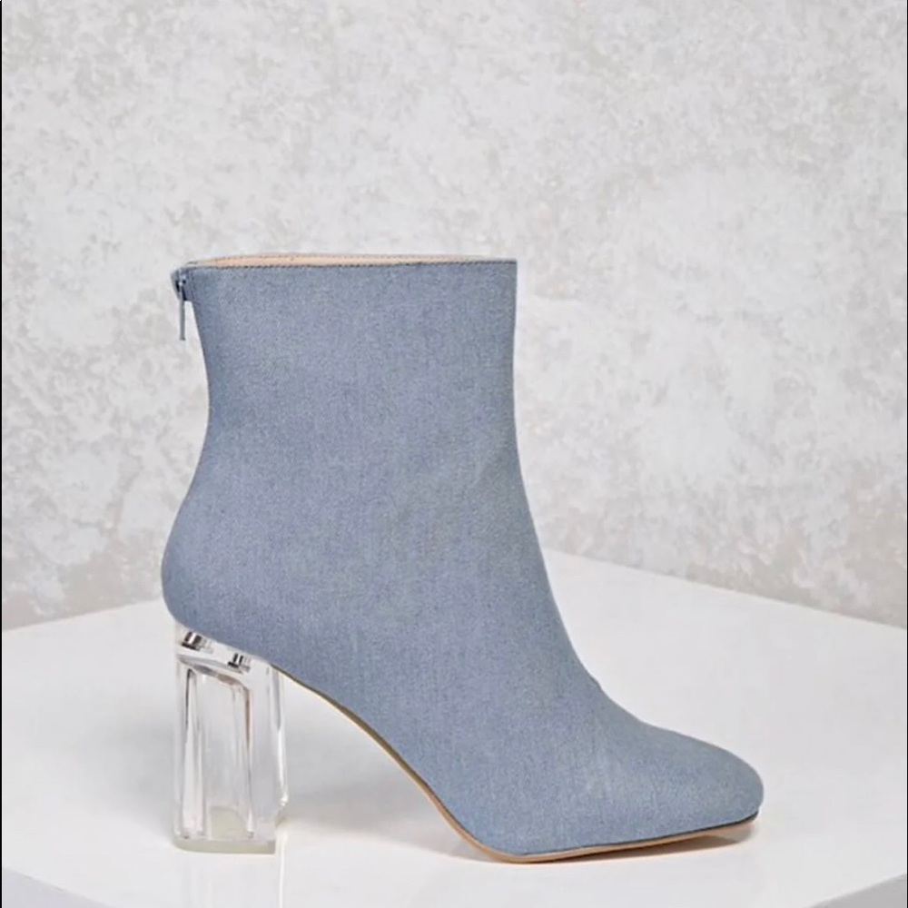 Denim boots with a clear heel